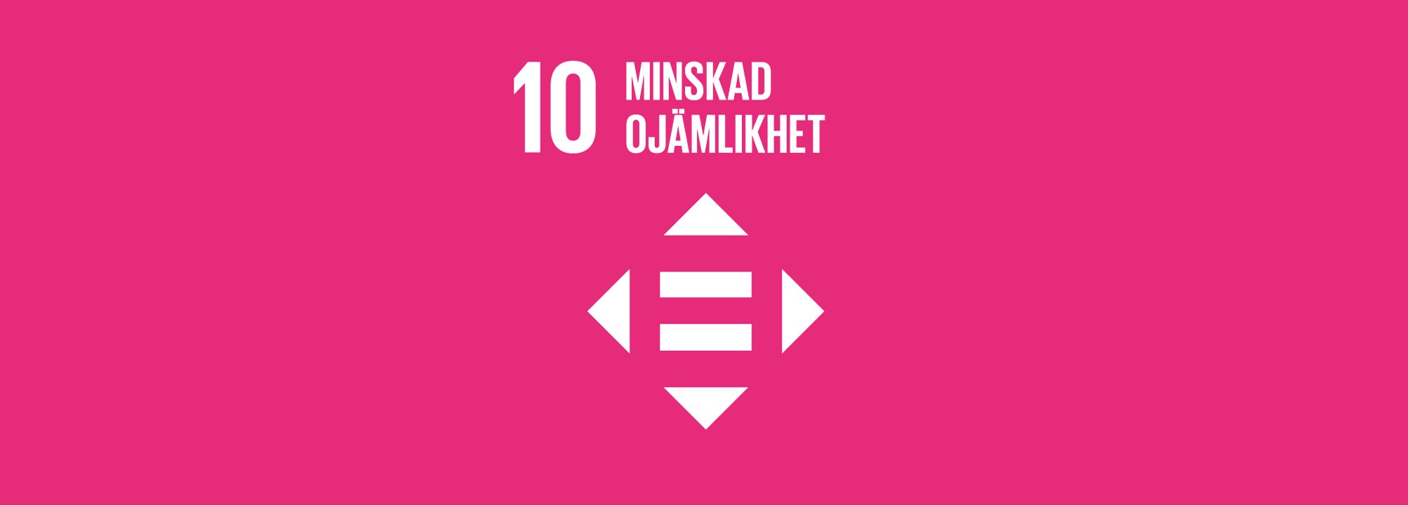 Officiell bild från FN på mål 10. Rosa bakgrund med texten "Minskad ojämlikhet".