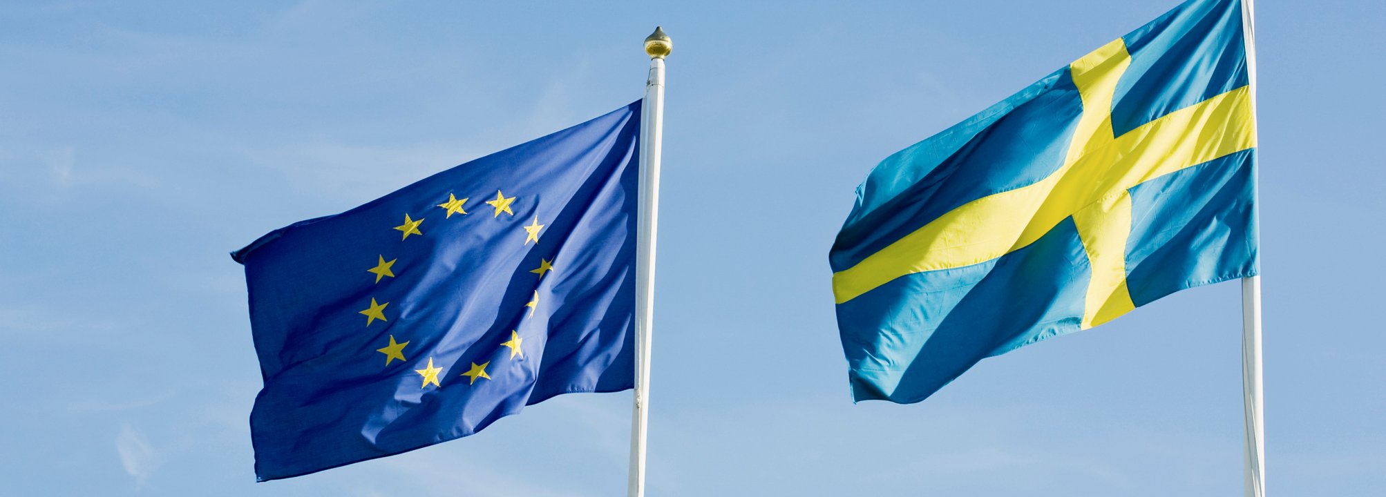 EU-flagga och svensk flagga mot blå himmel.