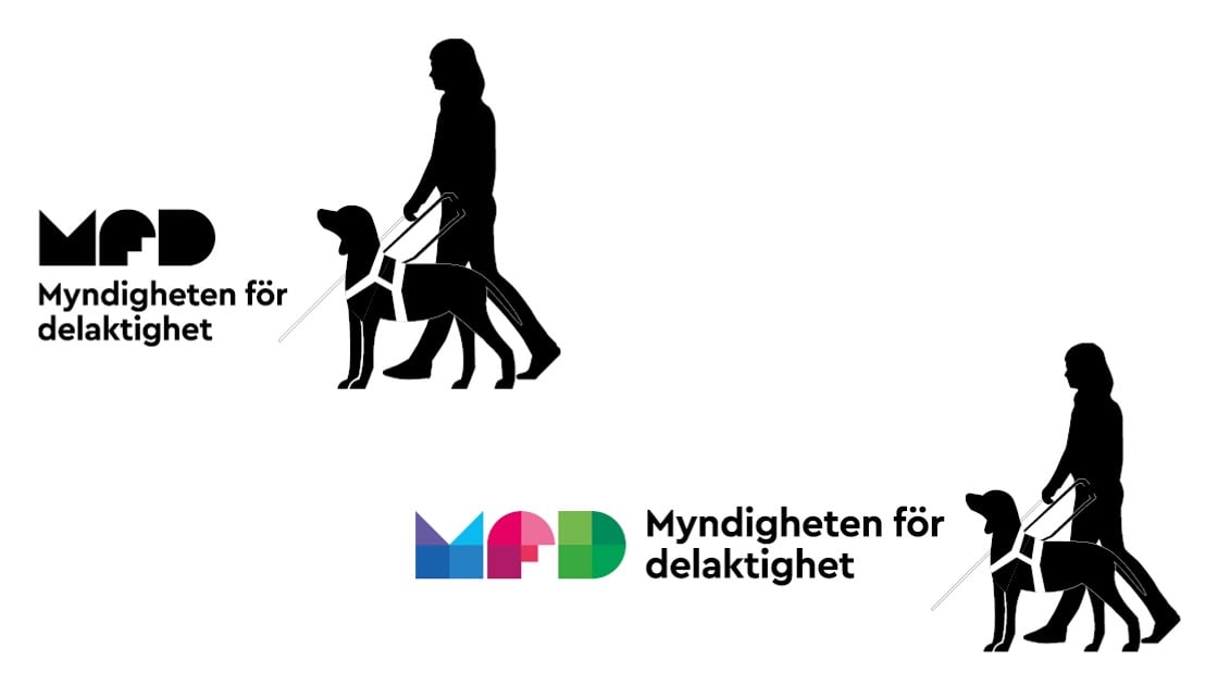 De två kombinationerna av MFD:s logotyp, den ena i färg och den andra i svart, och symbolen av ett ledarhundsekipage i svart. 